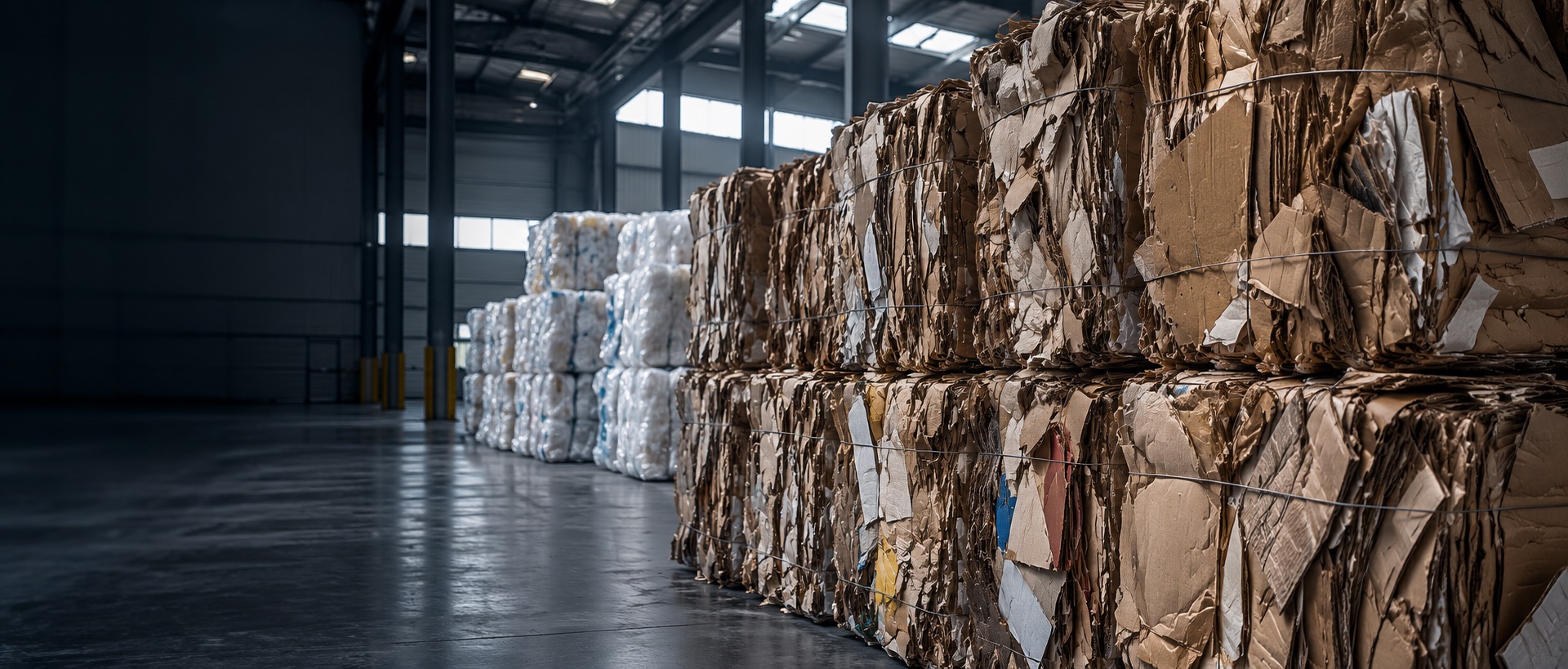 Illustrative view of compressed cardboard and stretch-film bales in a warehouse